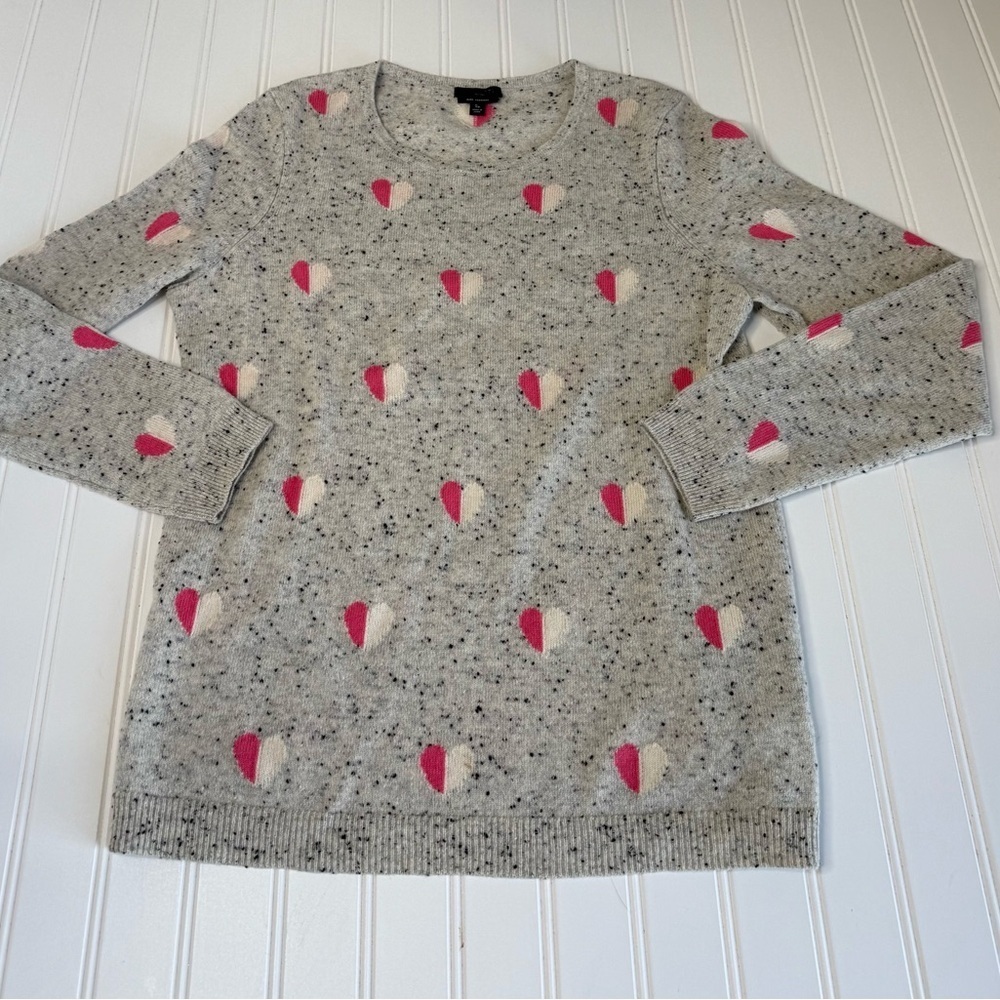 TALBOTS 100% PURE CASHMERE Womens Small Petite Gray Heart Sweater Valentine 1664